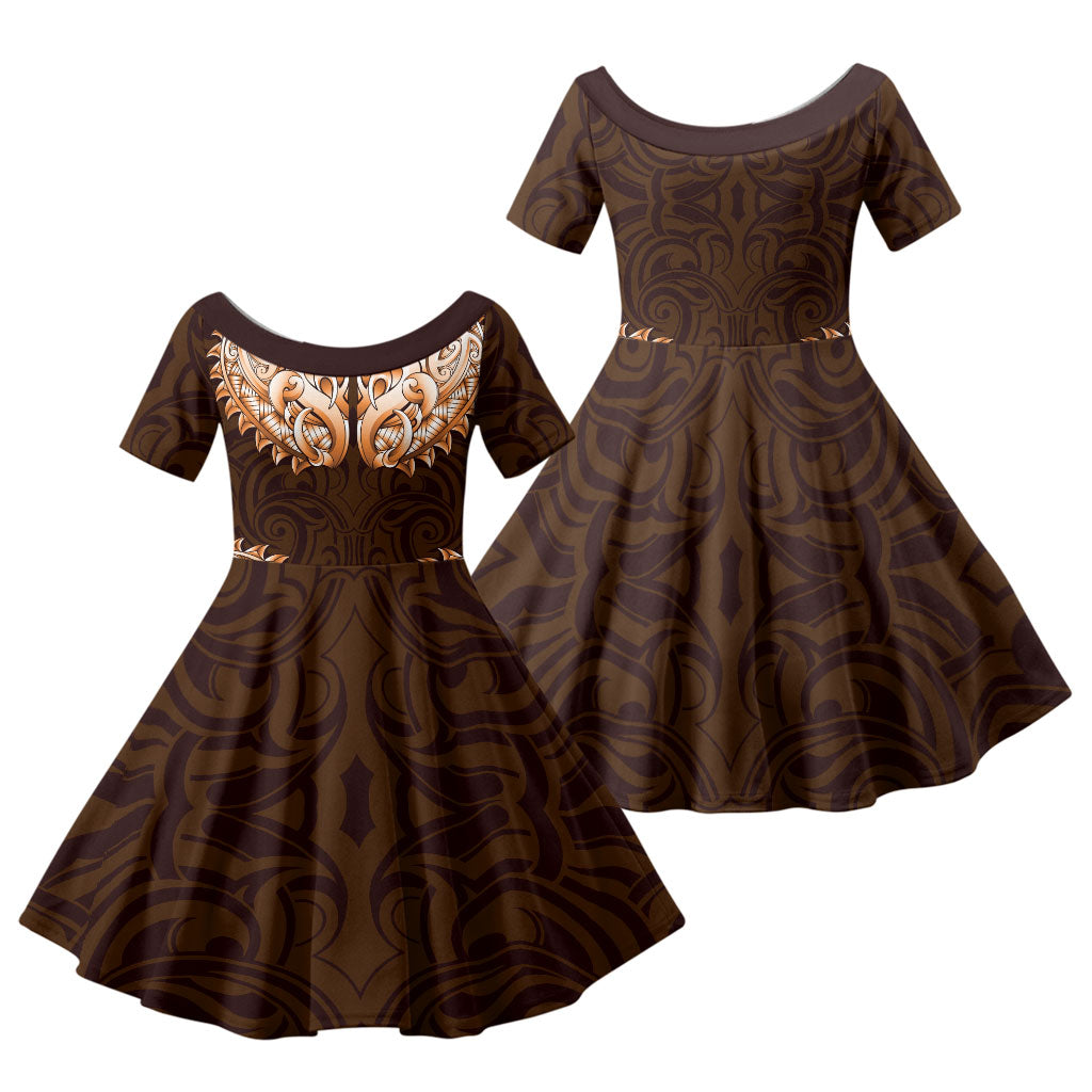 New Zealand Ta Moko Family Matching Off The Shoulder Long Sleeve Dress and Hawaiian Shirt Aotearoa Maori Chest Tattoo Orange