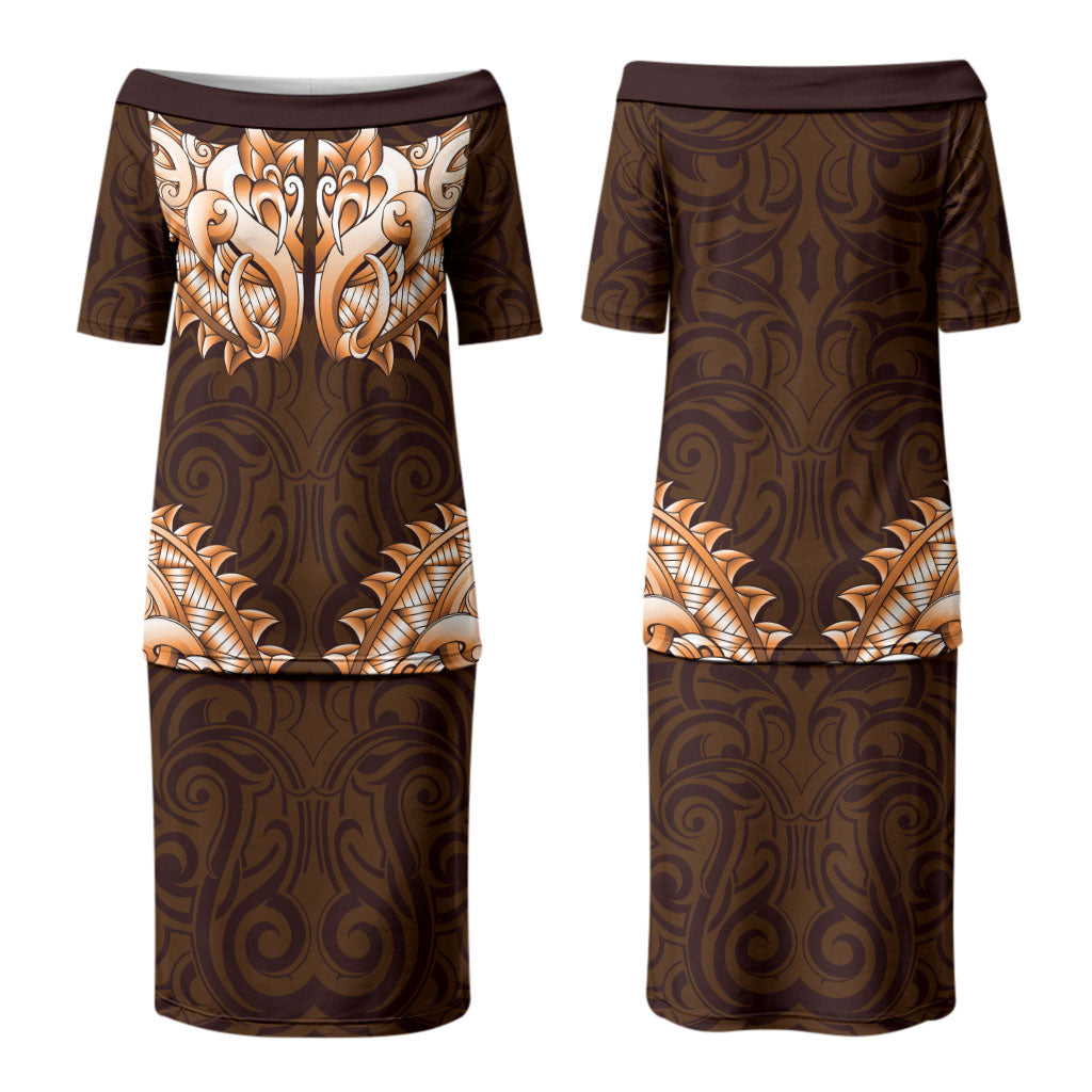 New Zealand Ta Moko Family Matching Puletasi and Hawaiian Shirt Aotearoa Maori Chest Tattoo Orange