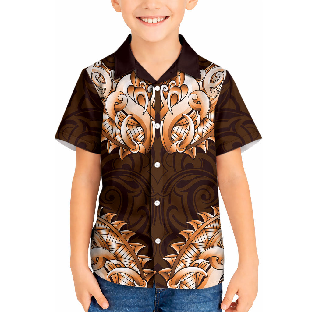 New Zealand Ta Moko Kid Hawaiian Shirt Aotearoa Maori Chest Tattoo Orange LT14 Kid Orange - Polynesian Pride