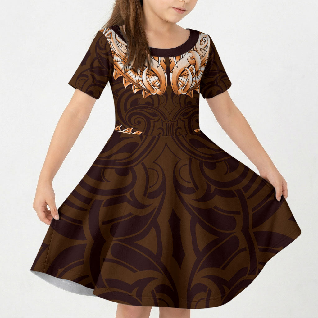 New Zealand Ta Moko Kid Short Sleeve Dress Aotearoa Maori Chest Tattoo Orange LT14 KID Orange - Polynesian Pride