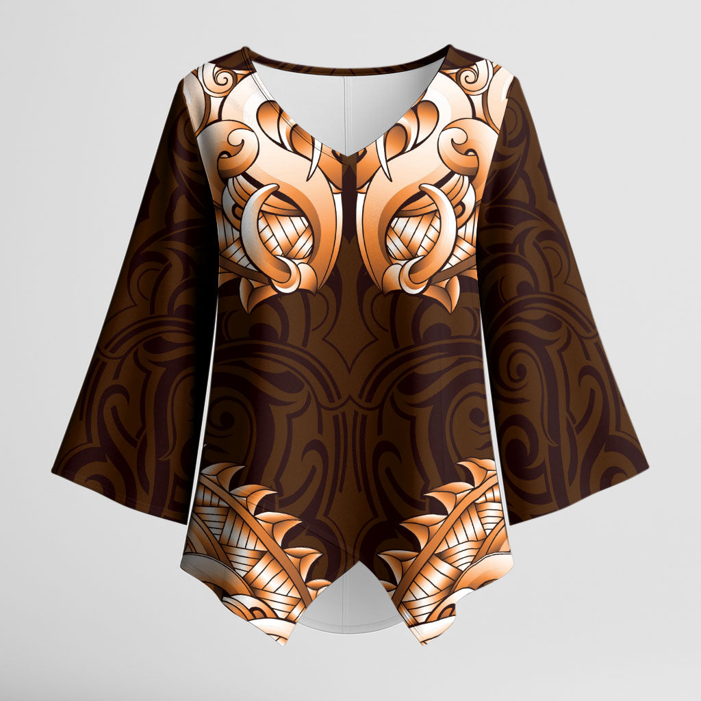 New Zealand Ta Moko Kimono Sleeve Blouse Aotearoa Maori Chest Tattoo Orange LT14 Female Orange - Polynesian Pride