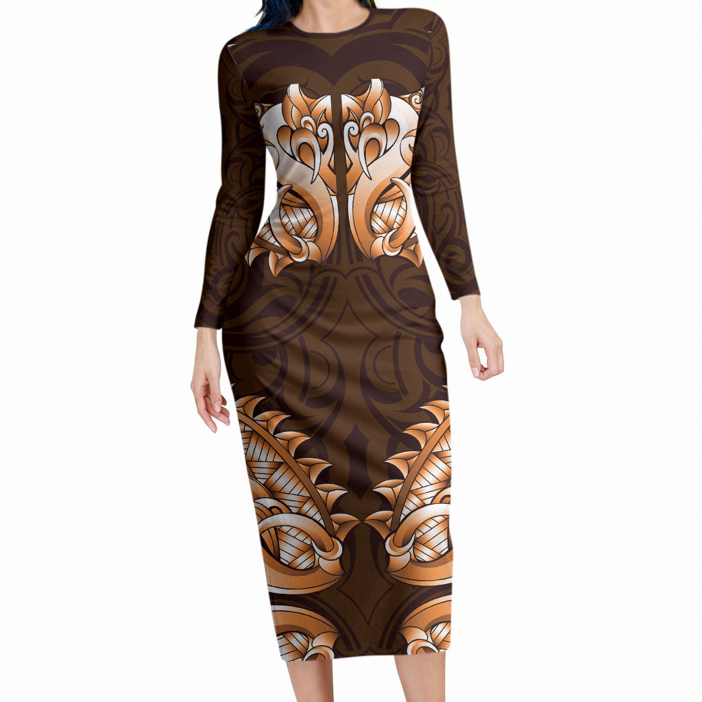 New Zealand Ta Moko Long Sleeve Bodycon Dress Aotearoa Maori Chest Tattoo Orange LT14 Long Dress Orange - Polynesian Pride