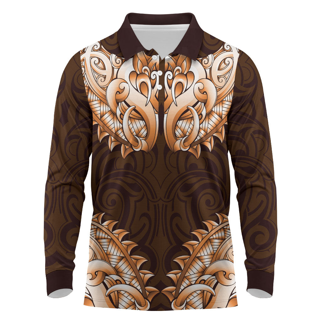 New Zealand Ta Moko Long Sleeve Polo Shirt Aotearoa Maori Chest Tattoo Orange LT14 Orange - Polynesian Pride