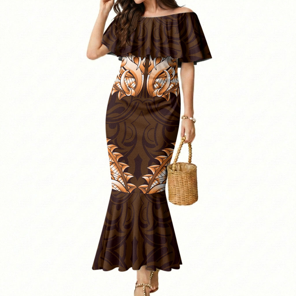 New Zealand Ta Moko Mermaid Dress Aotearoa Maori Chest Tattoo Orange LT14 Women Orange - Polynesian Pride