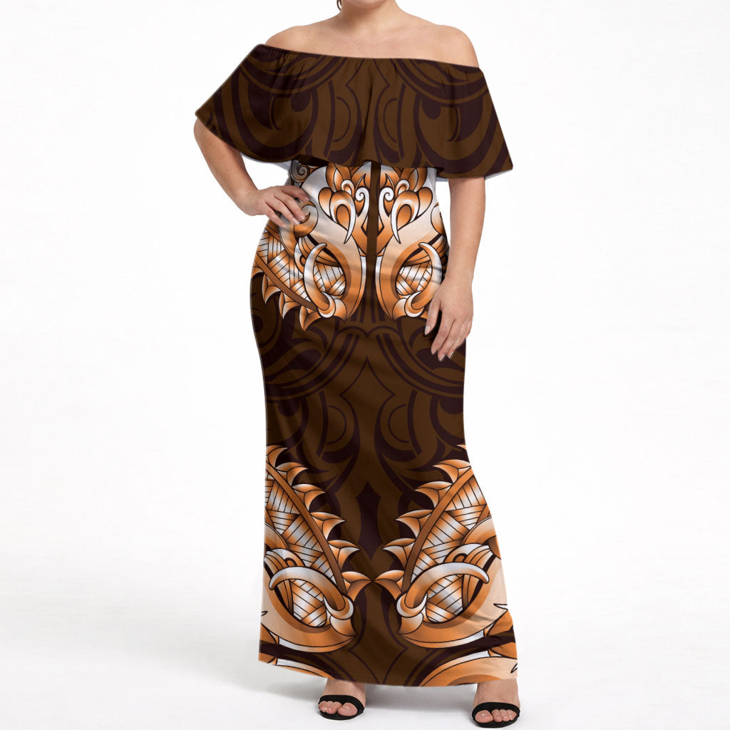 New Zealand Ta Moko Off Shoulder Maxi Dress Aotearoa Maori Chest Tattoo Orange LT14 Women Orange - Polynesian Pride