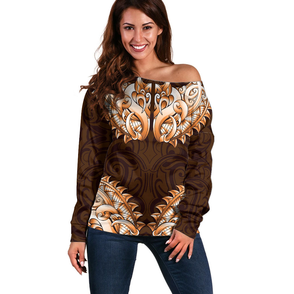 New Zealand Ta Moko Off Shoulder Sweater Aotearoa Maori Chest Tattoo Orange LT14 Women Orange - Polynesian Pride