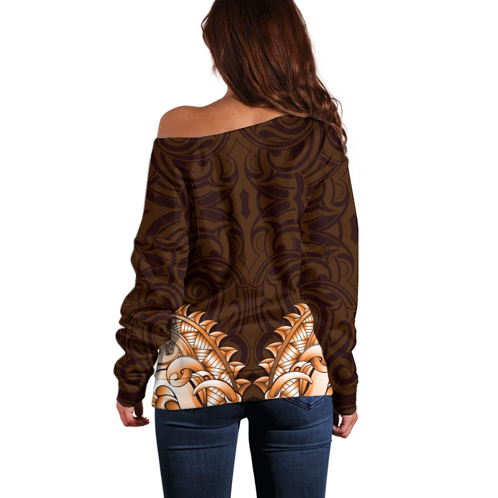 New Zealand Ta Moko Off Shoulder Sweater Aotearoa Maori Chest Tattoo Orange