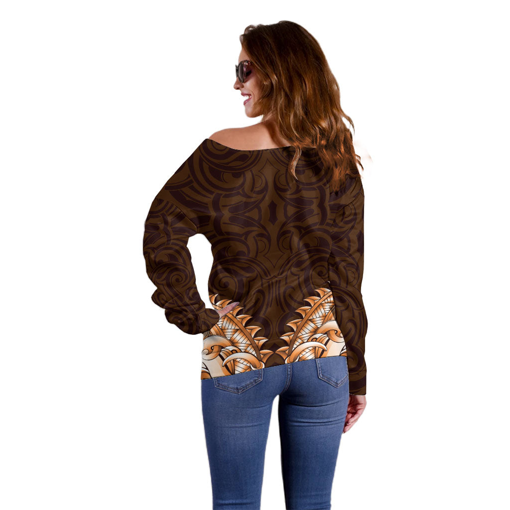 New Zealand Ta Moko Off Shoulder Sweater Aotearoa Maori Chest Tattoo Orange