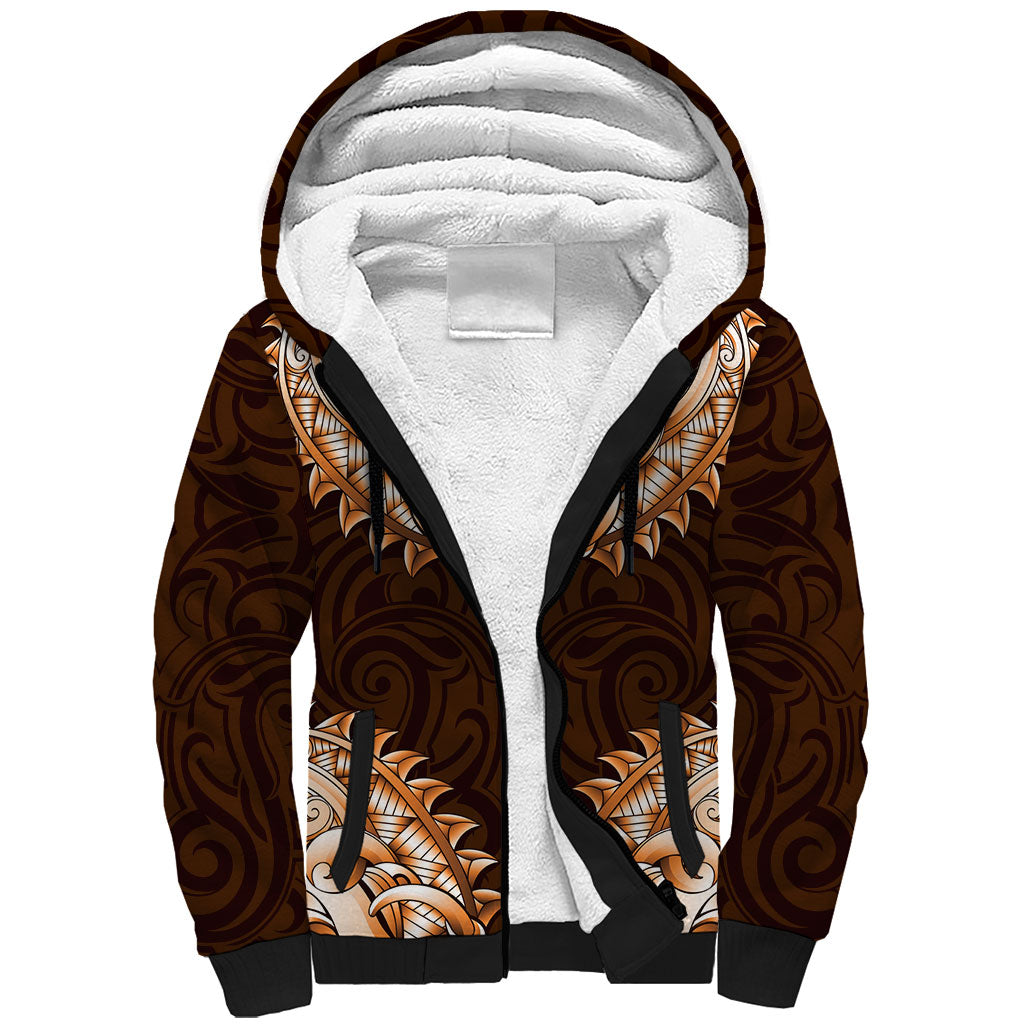 New Zealand Ta Moko Sherpa Hoodie Aotearoa Maori Chest Tattoo Orange LT14 Unisex Orange - Polynesian Pride