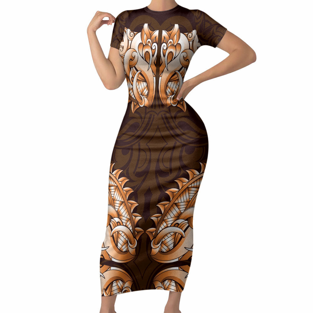 New Zealand Ta Moko Short Sleeve Bodycon Dress Aotearoa Maori Chest Tattoo Orange LT14 Long Dress Orange - Polynesian Pride