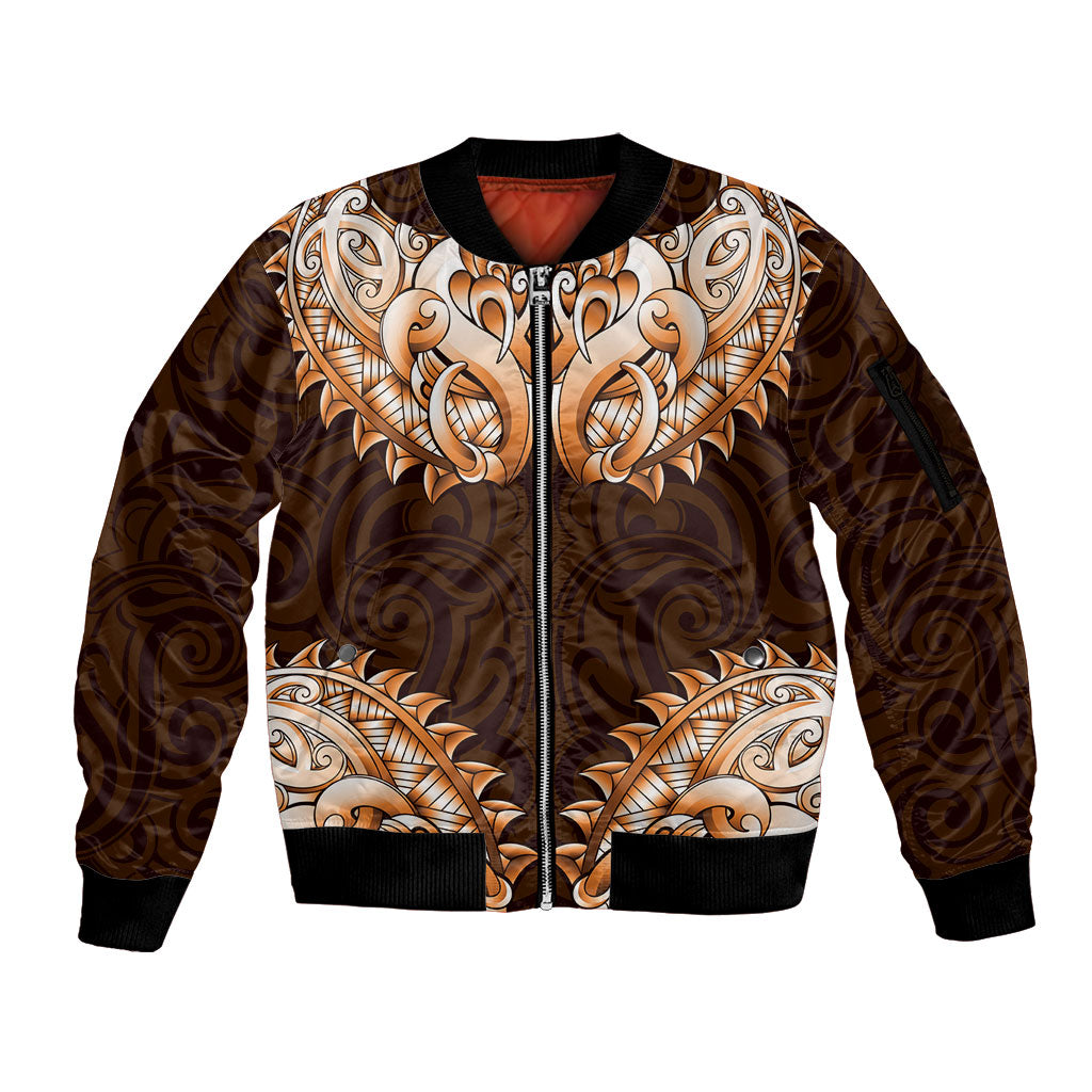 New Zealand Ta Moko Sleeve Zip Bomber Jacket Aotearoa Maori Chest Tattoo Orange LT14 Unisex Orange - Polynesian Pride