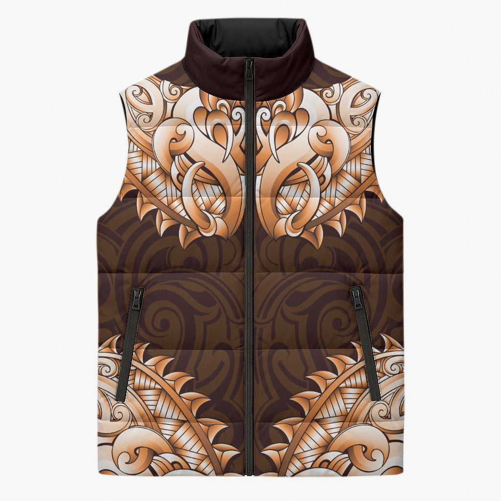 New Zealand Ta Moko Sleeveless Puffer Jacket Aotearoa Maori Chest Tattoo Orange LT14 Unisex Orange - Polynesian Pride
