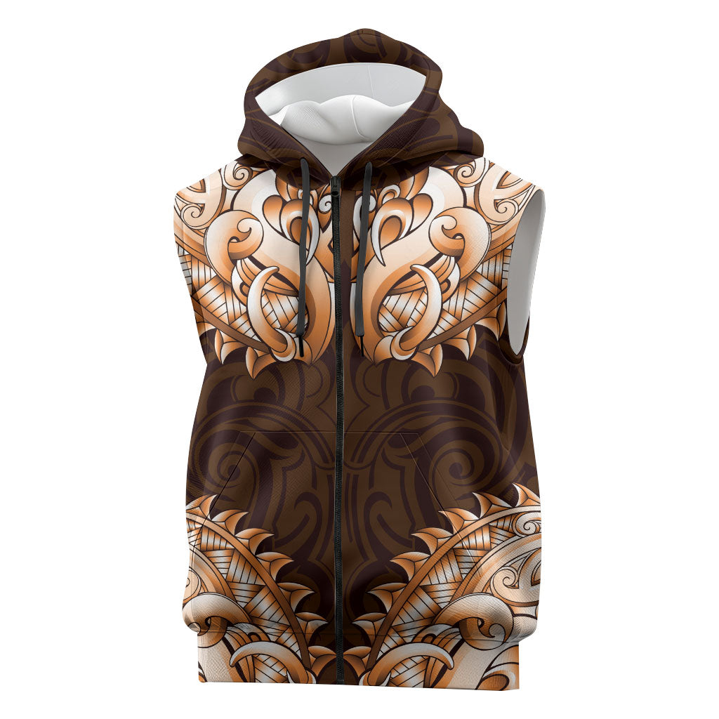 New Zealand Ta Moko Sleeveless Zip Hoodie Aotearoa Maori Chest Tattoo Orange LT14 Orange - Polynesian Pride