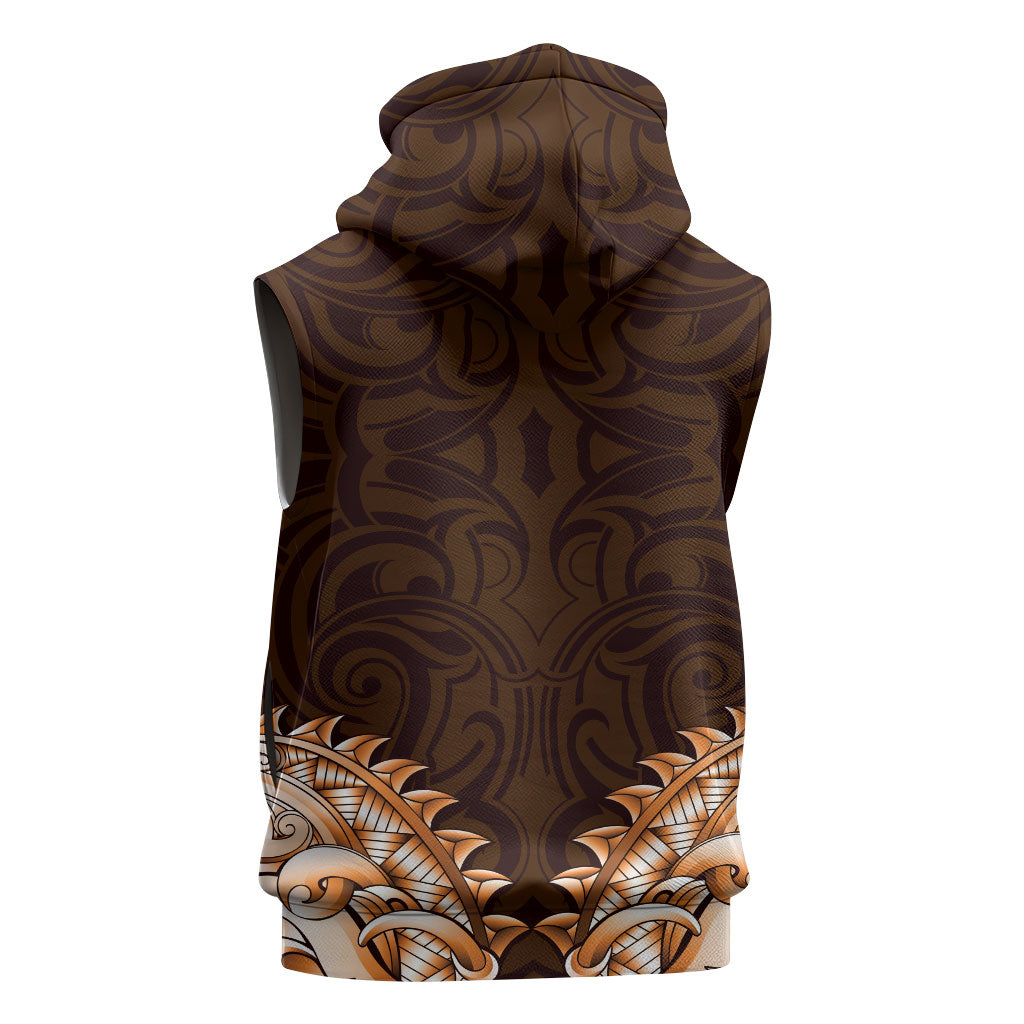 New Zealand Ta Moko Sleeveless Zip Hoodie Aotearoa Maori Chest Tattoo Orange