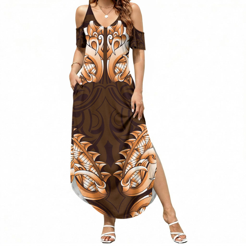 New Zealand Ta Moko Summer Maxi Dress Aotearoa Maori Chest Tattoo Orange LT14 Women Orange - Polynesian Pride