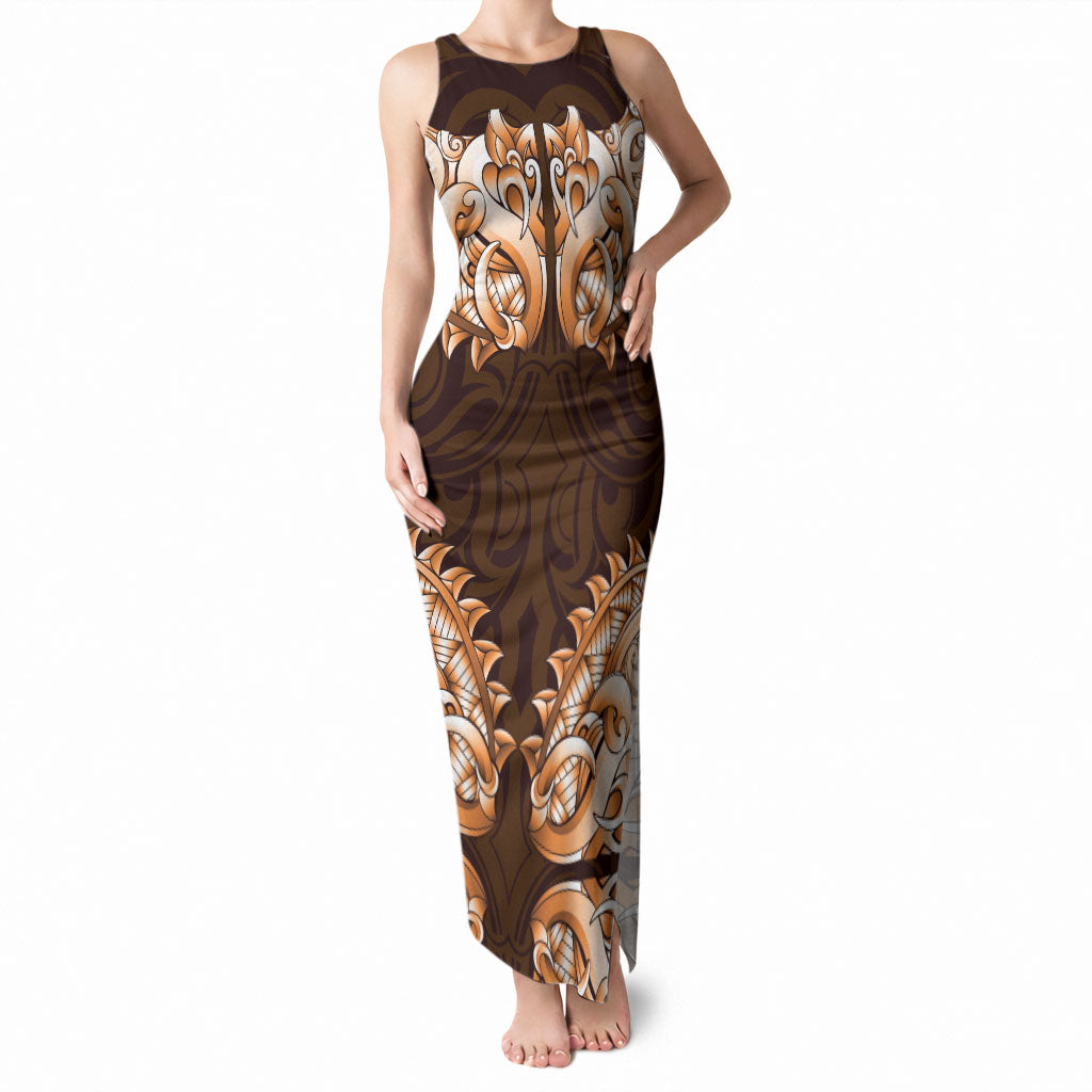 New Zealand Ta Moko Tank Maxi Dress Aotearoa Maori Chest Tattoo Orange LT14 Women Orange - Polynesian Pride
