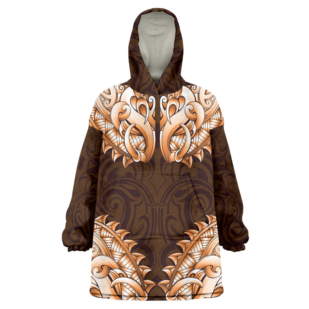 New Zealand Ta Moko Wearable Blanket Hoodie Aotearoa Maori Chest Tattoo Orange LT14 One Size Orange - Polynesian Pride