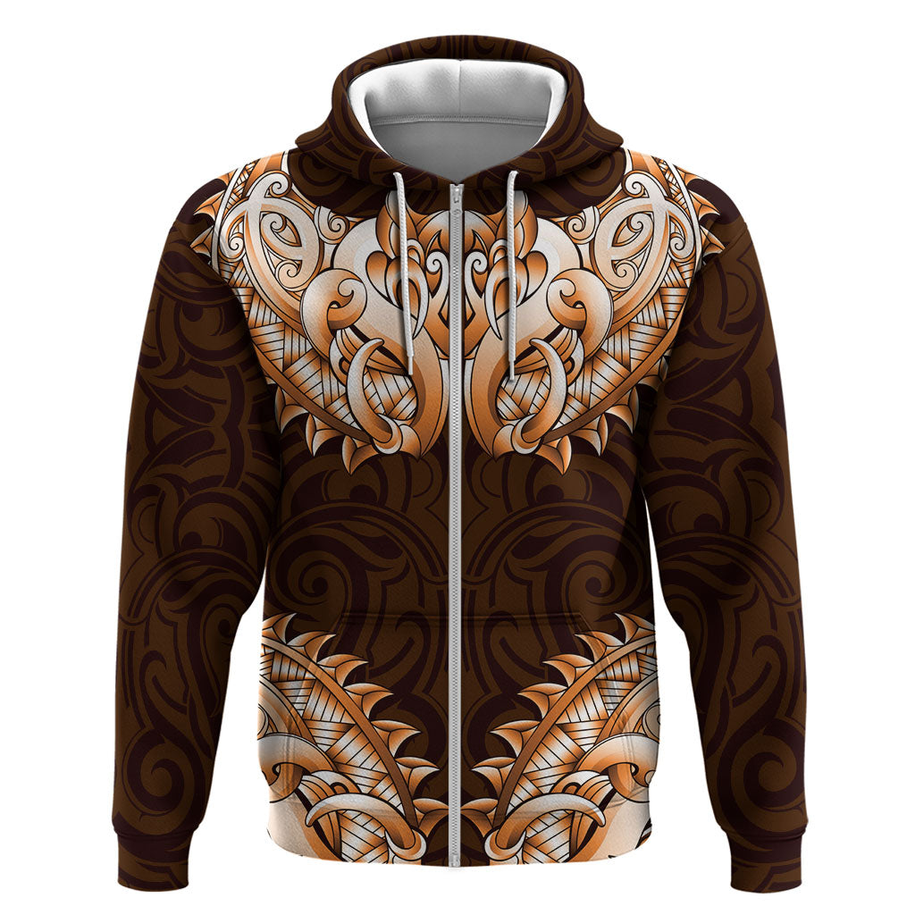 New Zealand Ta Moko Zip Hoodie Aotearoa Maori Chest Tattoo Orange LT14 Zip Hoodie Orange - Polynesian Pride