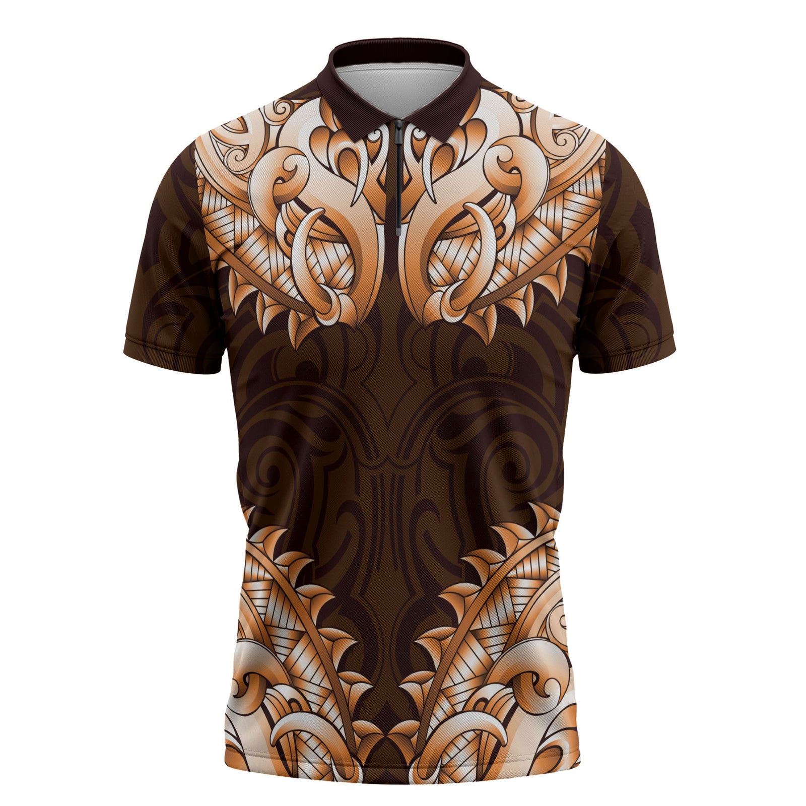 New Zealand Ta Moko Zipper Polo Shirt Aotearoa Maori Chest Tattoo Orange LT14 Orange - Polynesian Pride