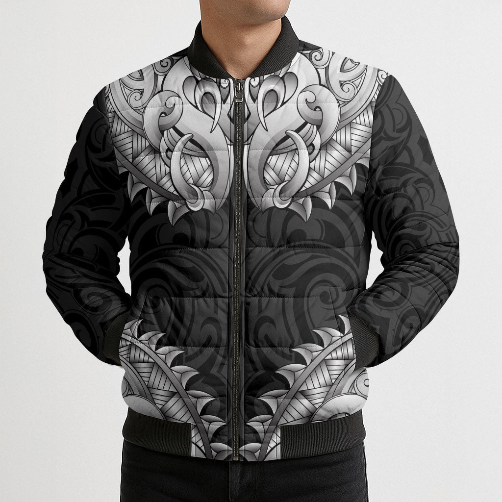 New Zealand Ta Moko Bomber Puffer Jacket Aotearoa Maori Chest Tattoo Black