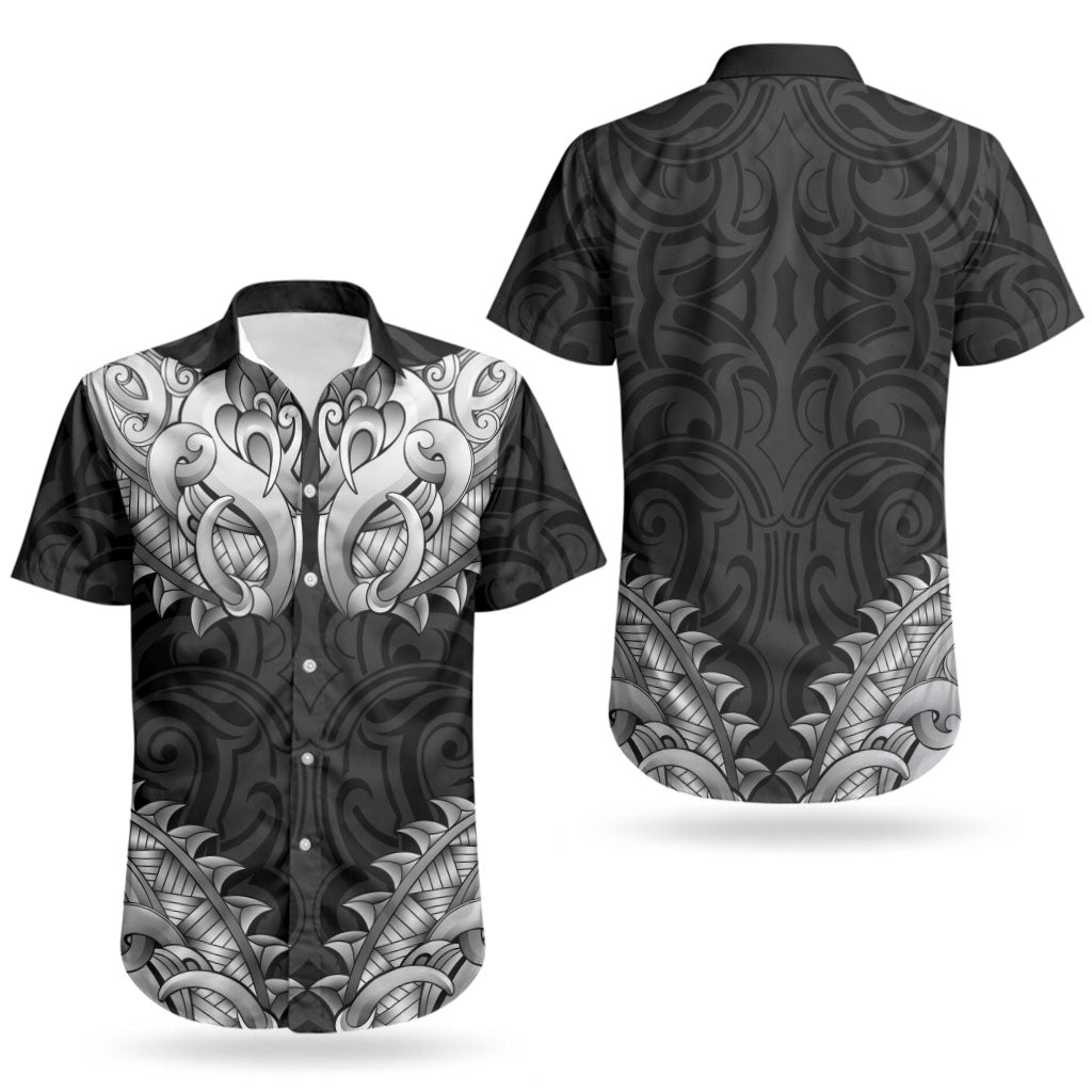 New Zealand Ta Moko Couples Matching Long Sleeve Bodycon Dress and Hawaiian Shirt Aotearoa Maori Chest Tattoo Black