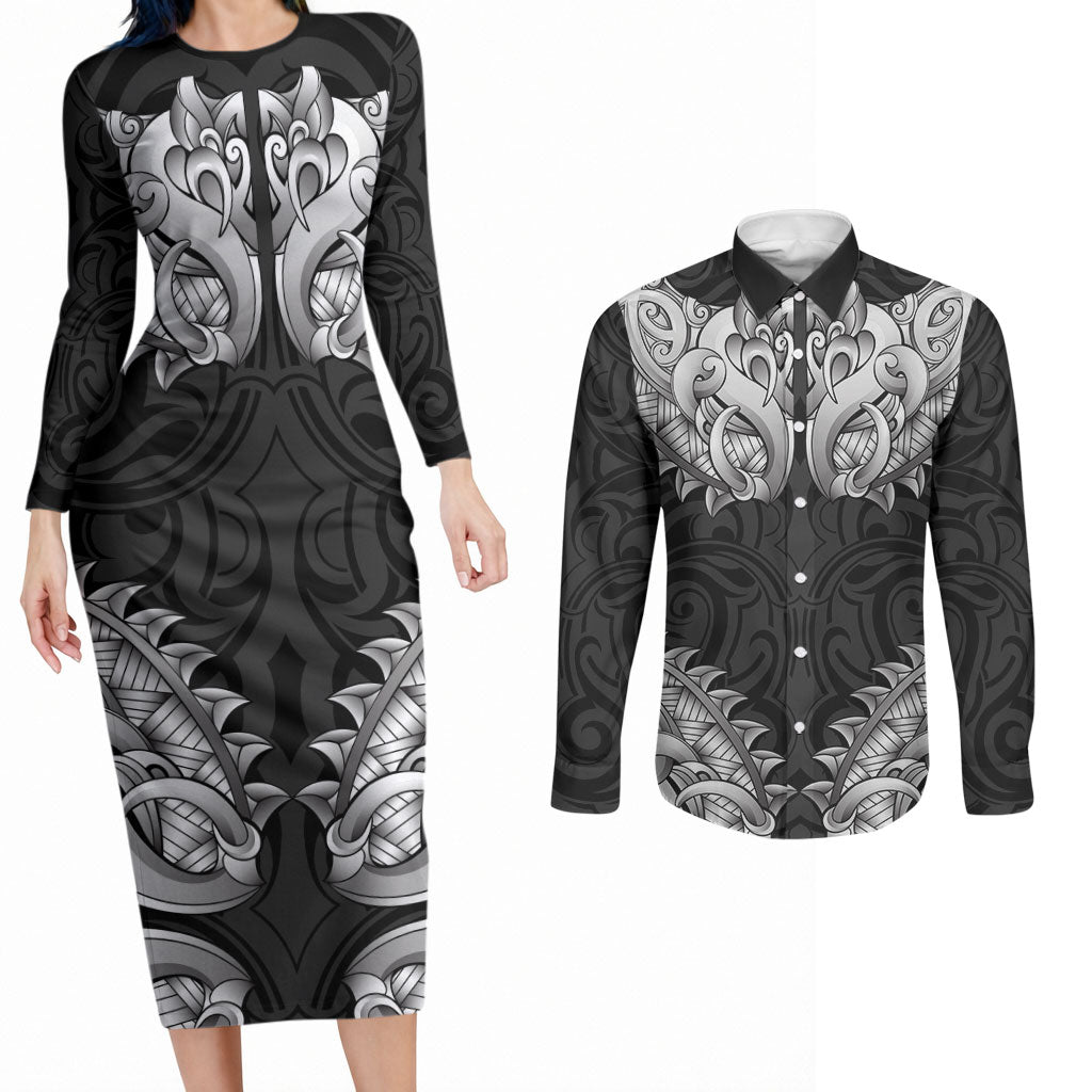 New Zealand Ta Moko Couples Matching Long Sleeve Bodycon Dress and Long Sleeve Button Shirt Aotearoa Maori Chest Tattoo Black LT14 Black - Polynesian Pride