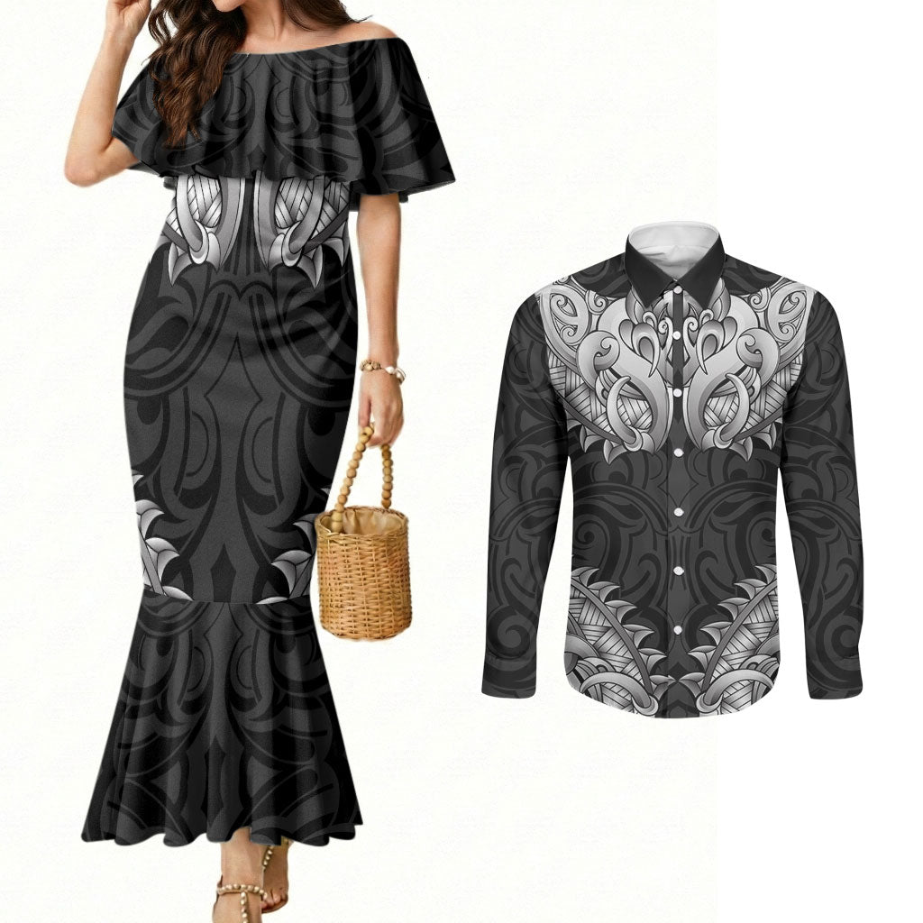 New Zealand Ta Moko Couples Matching Mermaid Dress and Long Sleeve Button Shirt Aotearoa Maori Chest Tattoo Black LT14 Black - Polynesian Pride