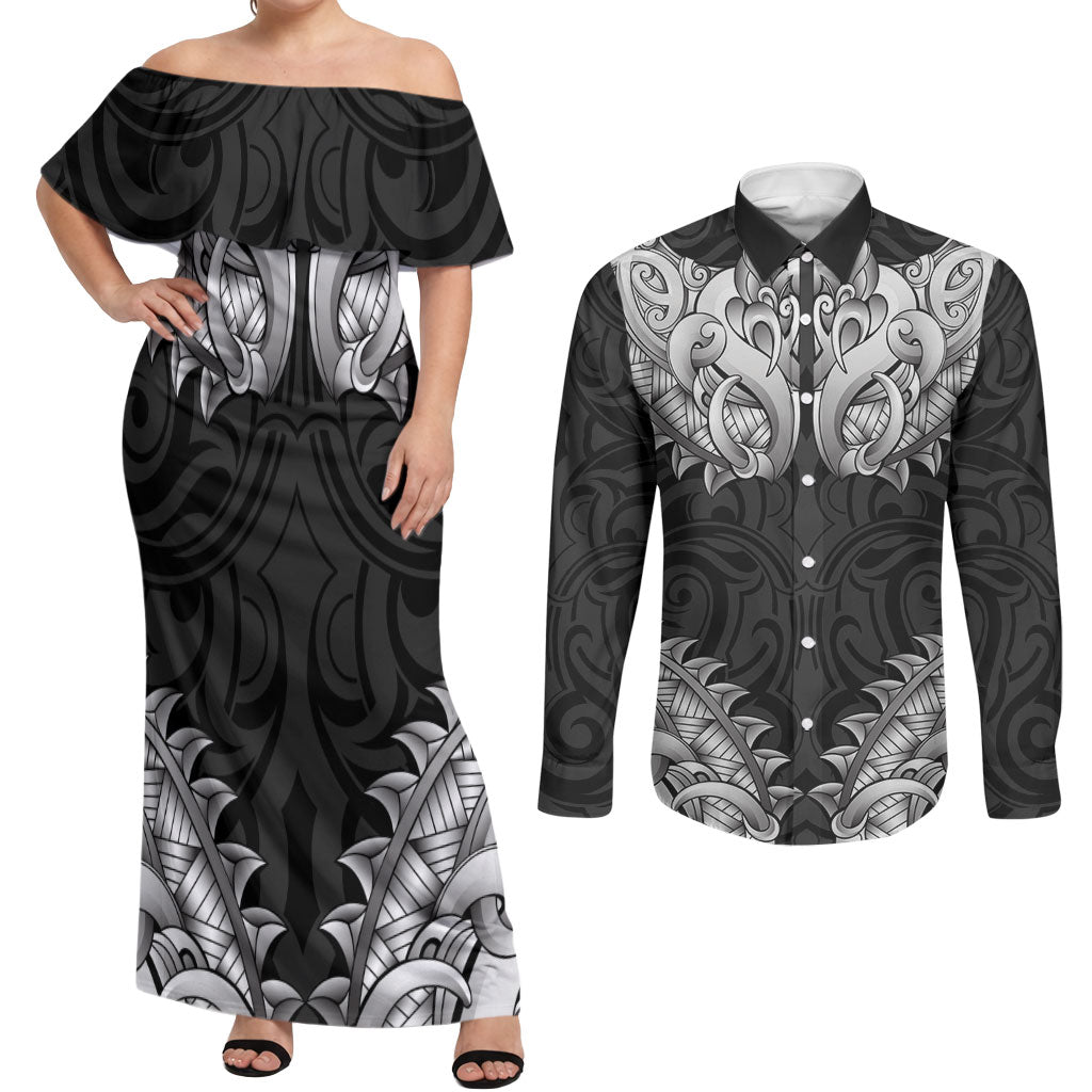 New Zealand Ta Moko Couples Matching Off Shoulder Maxi Dress and Long Sleeve Button Shirt Aotearoa Maori Chest Tattoo Black LT14 Black - Polynesian Pride