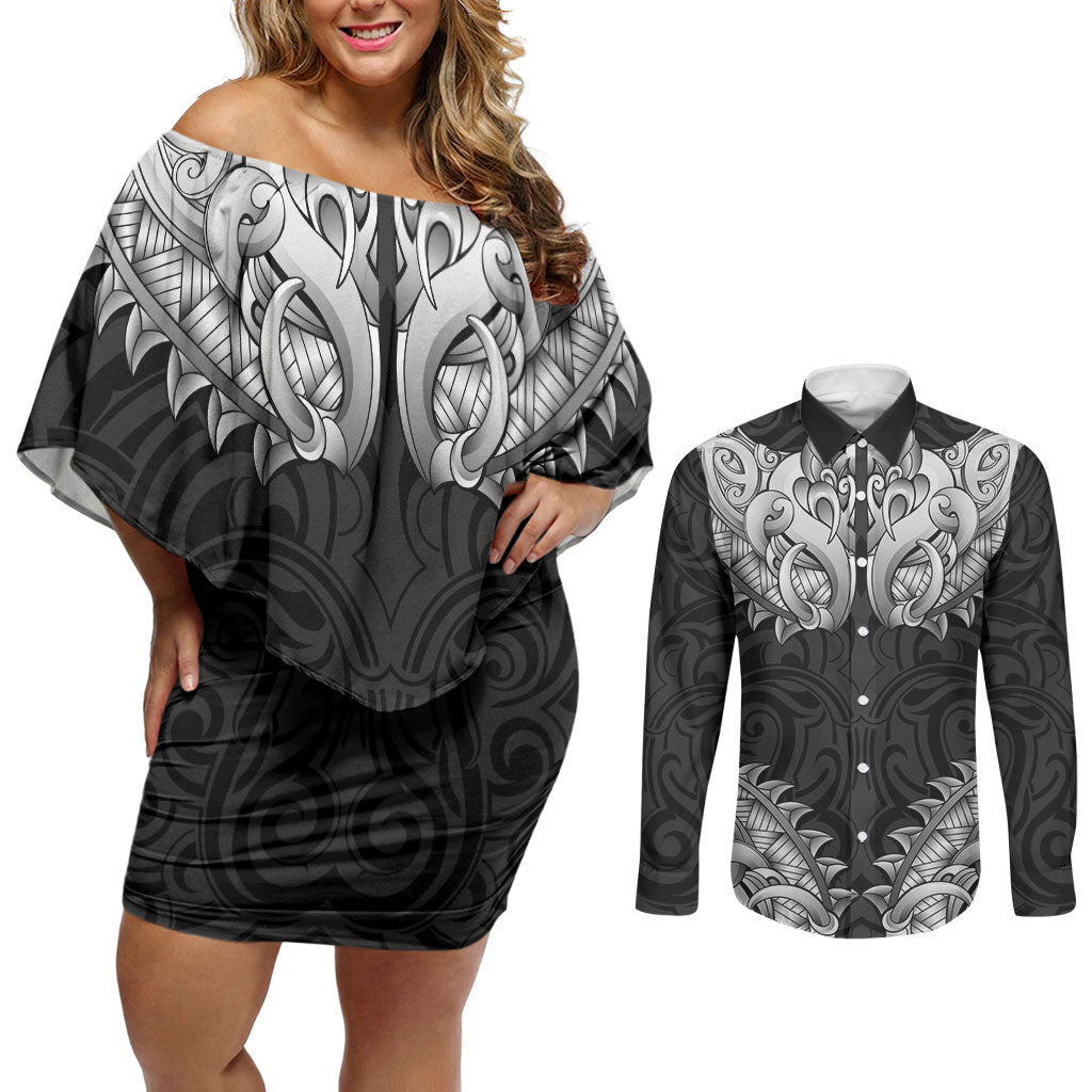New Zealand Ta Moko Couples Matching Off Shoulder Short Dress and Long Sleeve Button Shirt Aotearoa Maori Chest Tattoo Black LT14 Black - Polynesian Pride