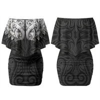 New Zealand Ta Moko Couples Matching Off Shoulder Short Dress and Long Sleeve Button Shirt Aotearoa Maori Chest Tattoo Black