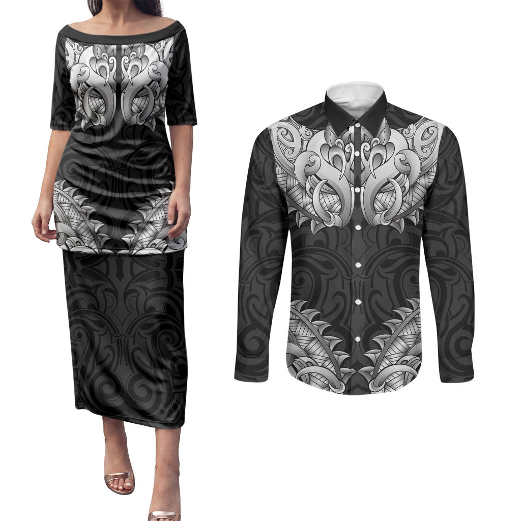 New Zealand Ta Moko Couples Matching Puletasi and Long Sleeve Button Shirt Aotearoa Maori Chest Tattoo Black LT14 Black - Polynesian Pride