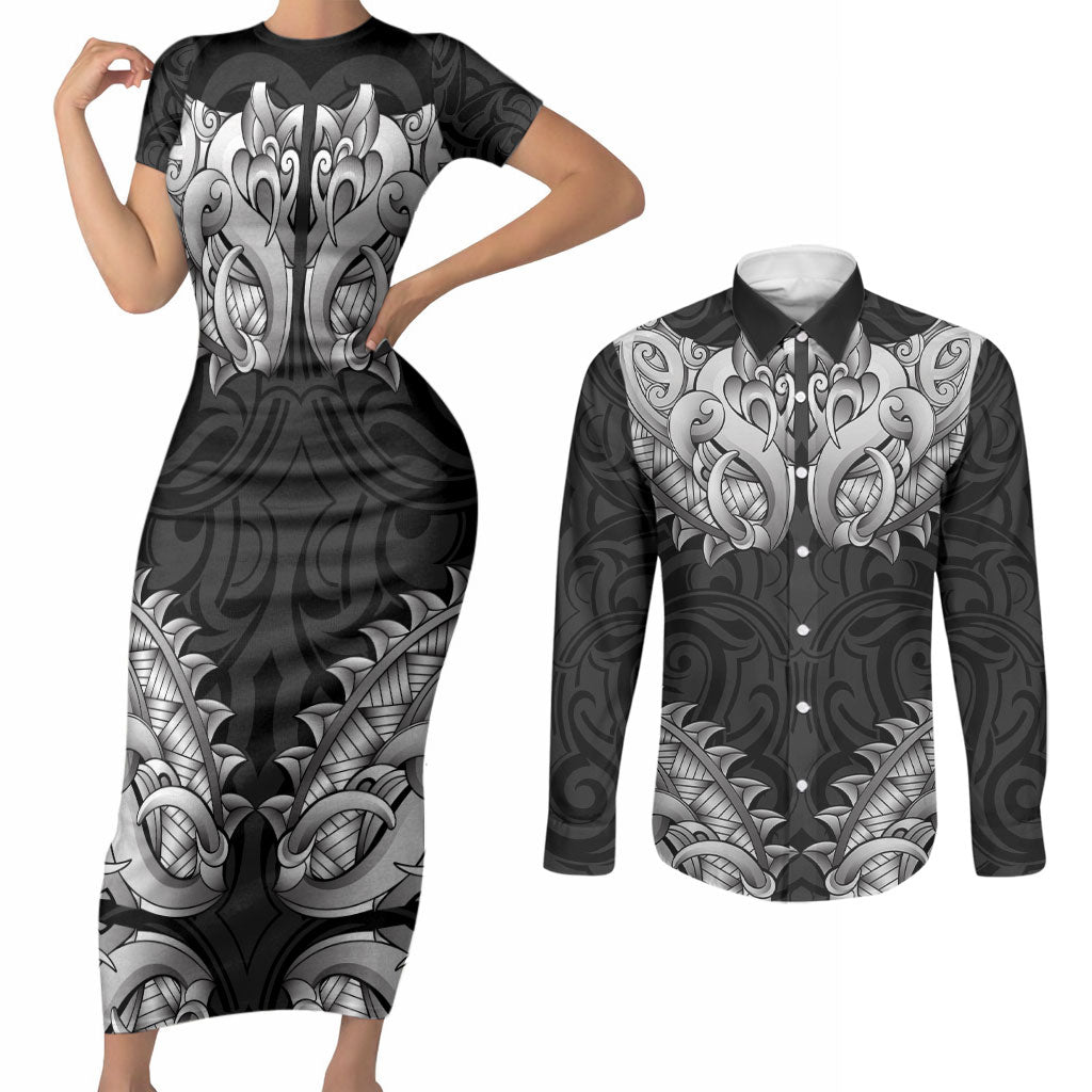 New Zealand Ta Moko Couples Matching Short Sleeve Bodycon Dress and Long Sleeve Button Shirt Aotearoa Maori Chest Tattoo Black LT14 Black - Polynesian Pride
