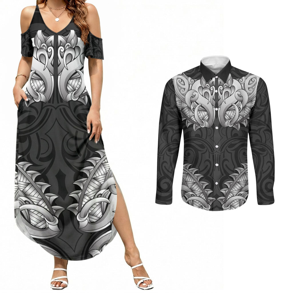 New Zealand Ta Moko Couples Matching Summer Maxi Dress and Long Sleeve Button Shirt Aotearoa Maori Chest Tattoo Black LT14 Black - Polynesian Pride