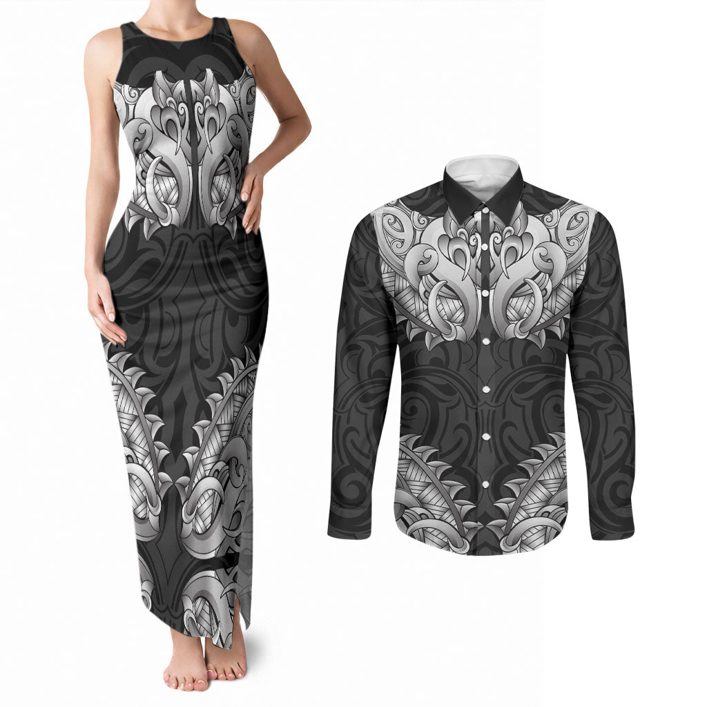 New Zealand Ta Moko Couples Matching Tank Maxi Dress and Long Sleeve Button Shirt Aotearoa Maori Chest Tattoo Black LT14 Black - Polynesian Pride