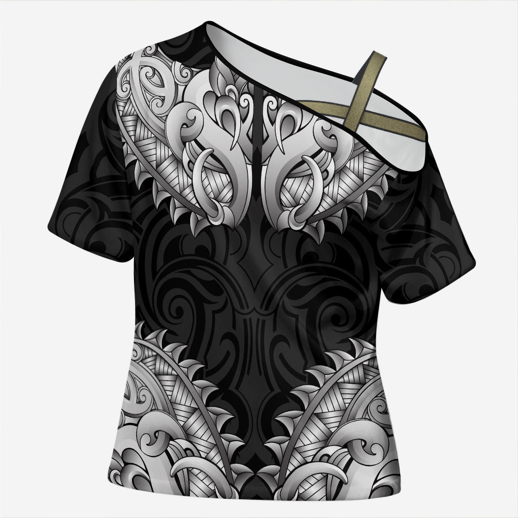 New Zealand Ta Moko Cross Shoulder Shirt Aotearoa Maori Chest Tattoo Black LT14 Female Black - Polynesian Pride
