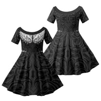 New Zealand Ta Moko Family Matching Off Shoulder Maxi Dress and Hawaiian Shirt Aotearoa Maori Chest Tattoo Black