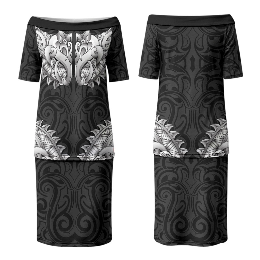 New Zealand Ta Moko Family Matching Puletasi and Hawaiian Shirt Aotearoa Maori Chest Tattoo Black
