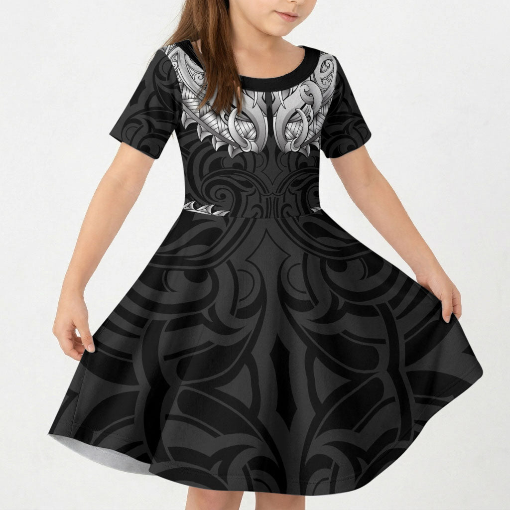 New Zealand Ta Moko Kid Short Sleeve Dress Aotearoa Maori Chest Tattoo Black LT14 KID Black - Polynesian Pride