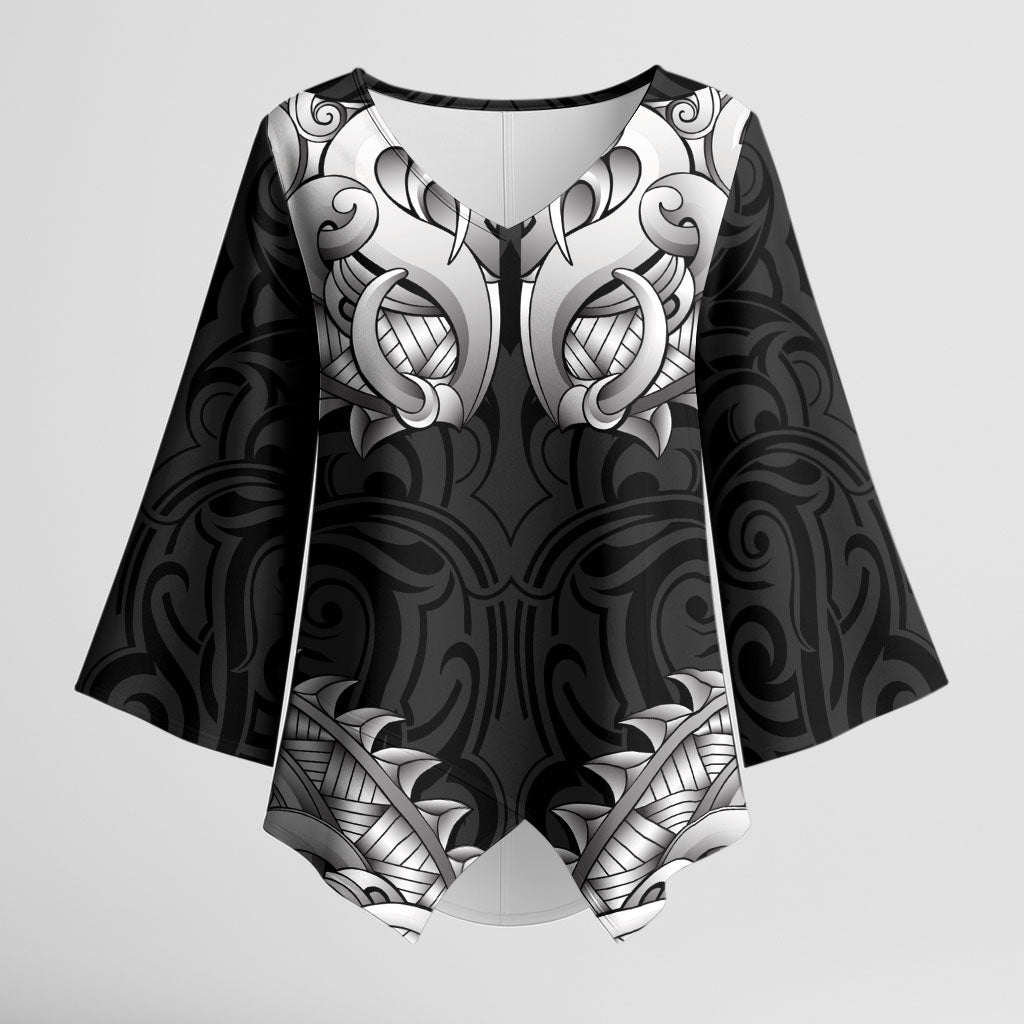 New Zealand Ta Moko Kimono Sleeve Blouse Aotearoa Maori Chest Tattoo Black LT14 Female Black - Polynesian Pride