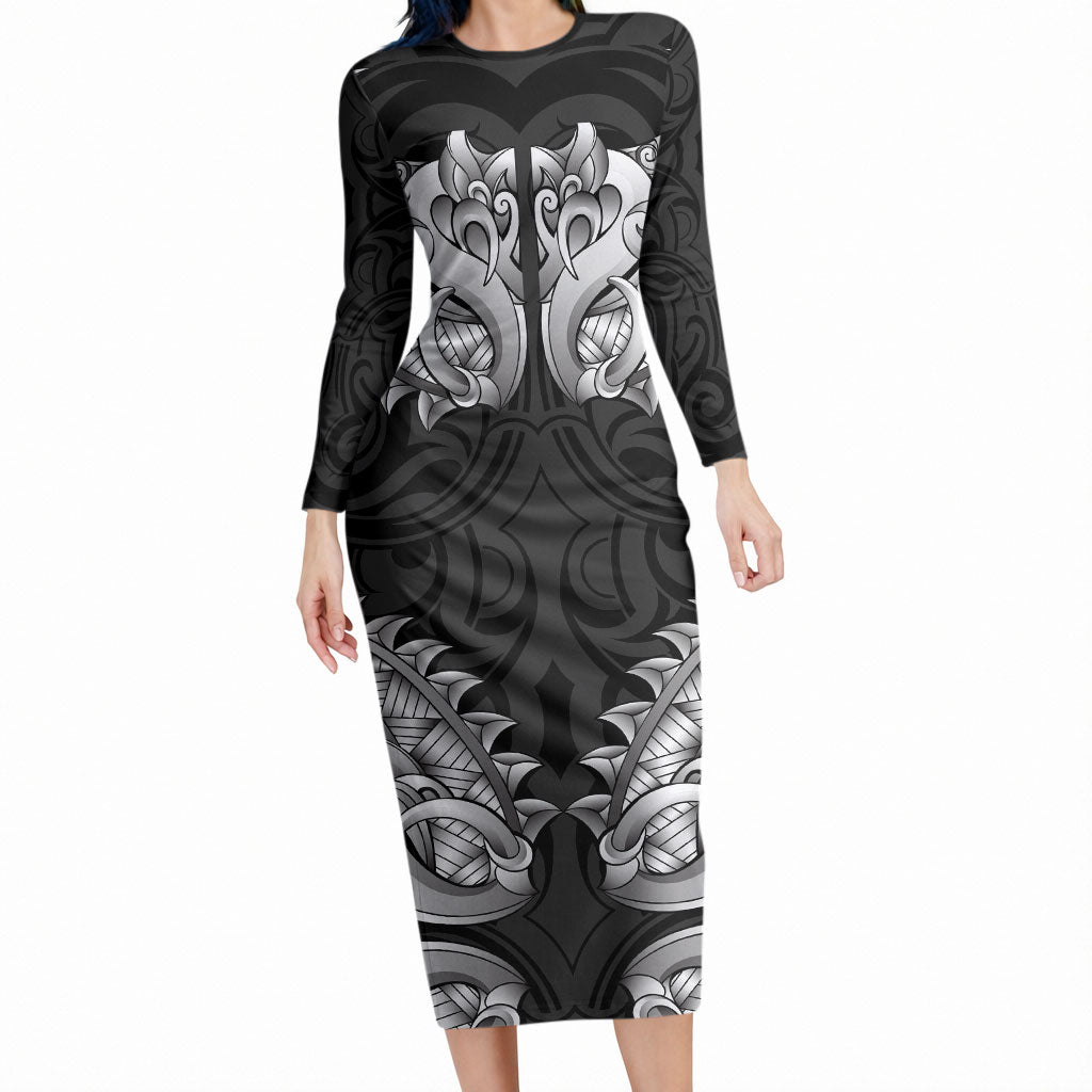 New Zealand Ta Moko Long Sleeve Bodycon Dress Aotearoa Maori Chest Tattoo Black LT14 Long Dress Black - Polynesian Pride