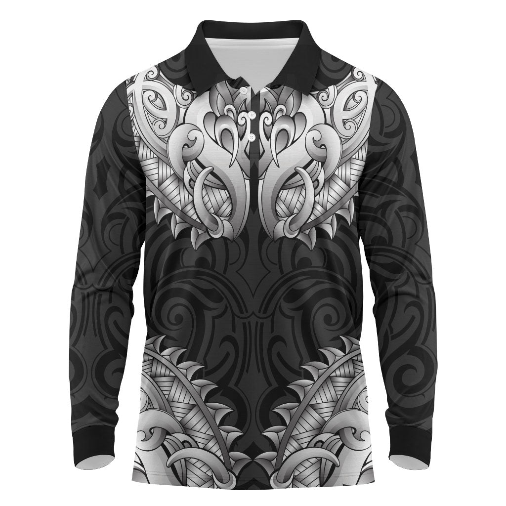 New Zealand Ta Moko Long Sleeve Polo Shirt Aotearoa Maori Chest Tattoo Black LT14 Black - Polynesian Pride