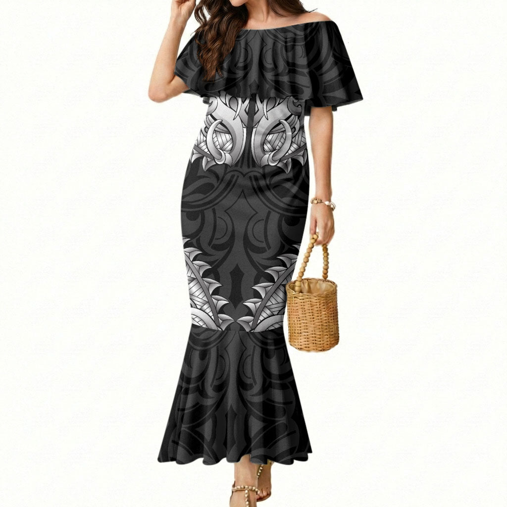 New Zealand Ta Moko Mermaid Dress Aotearoa Maori Chest Tattoo Black LT14 Women Black - Polynesian Pride