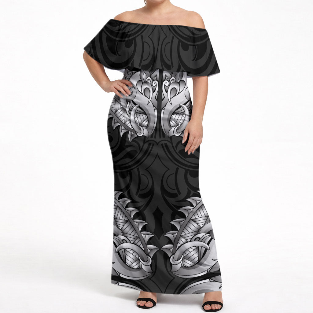 New Zealand Ta Moko Off Shoulder Maxi Dress Aotearoa Maori Chest Tattoo Black LT14 Women Black - Polynesian Pride