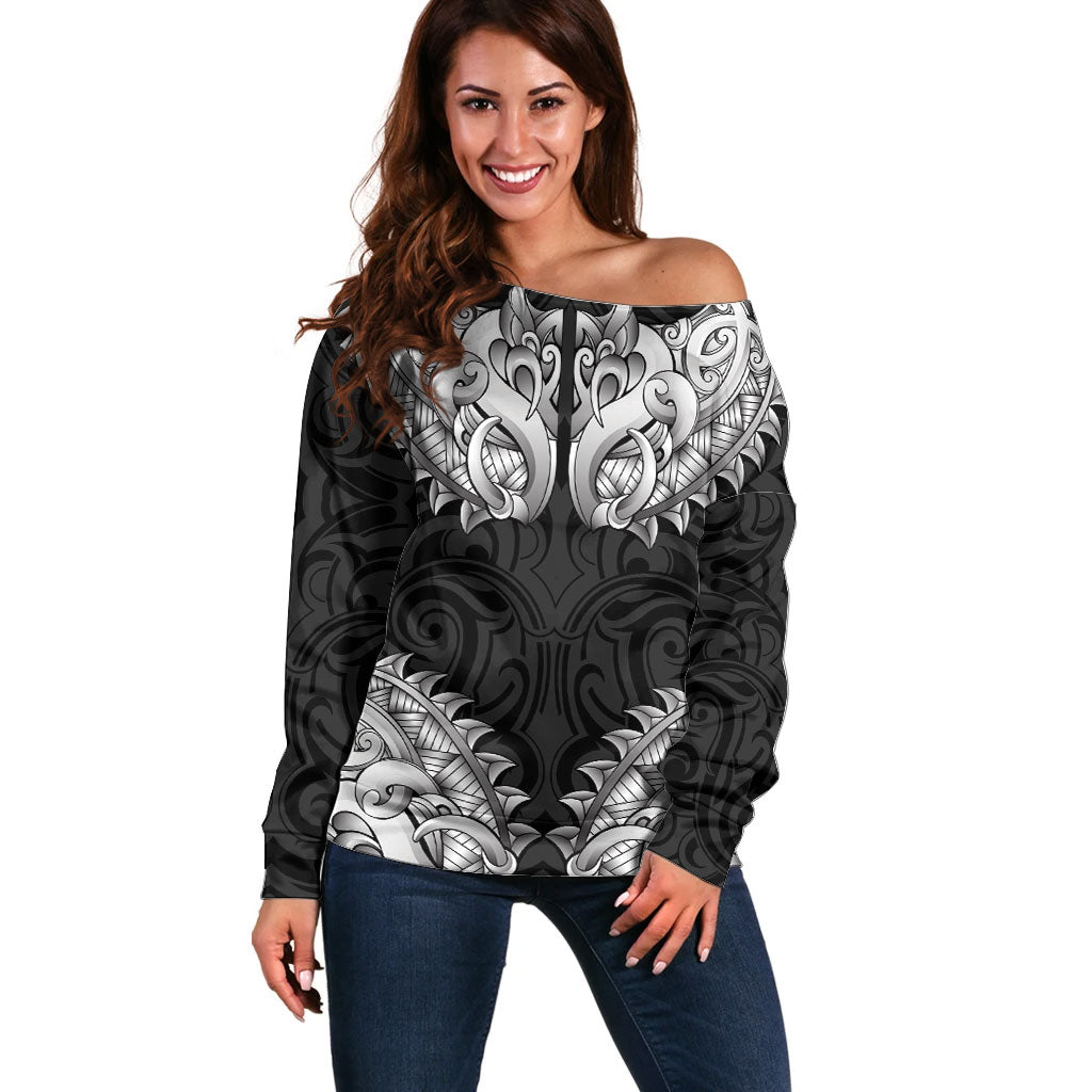 New Zealand Ta Moko Off Shoulder Sweater Aotearoa Maori Chest Tattoo Black LT14 Women Black - Polynesian Pride