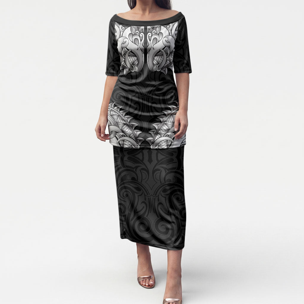 New Zealand Ta Moko Puletasi Aotearoa Maori Chest Tattoo Black LT14 Long Dress Black - Polynesian Pride