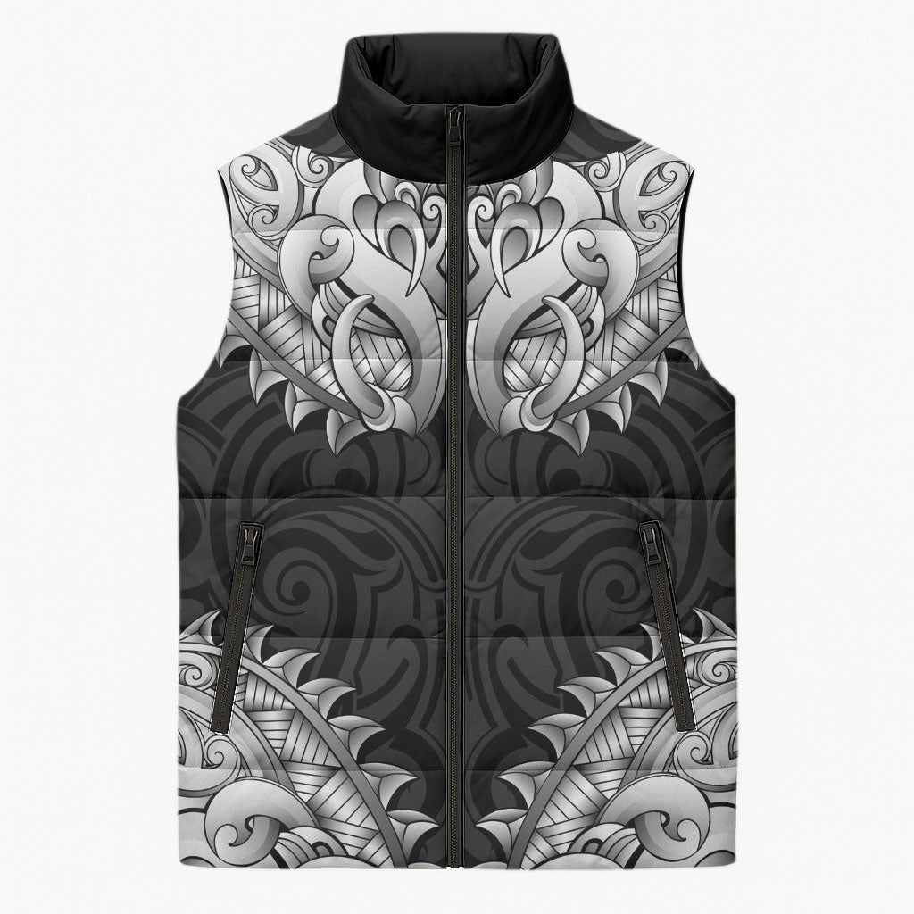 New Zealand Ta Moko Sleeveless Puffer Jacket Aotearoa Maori Chest Tattoo Black LT14 Unisex Black - Polynesian Pride