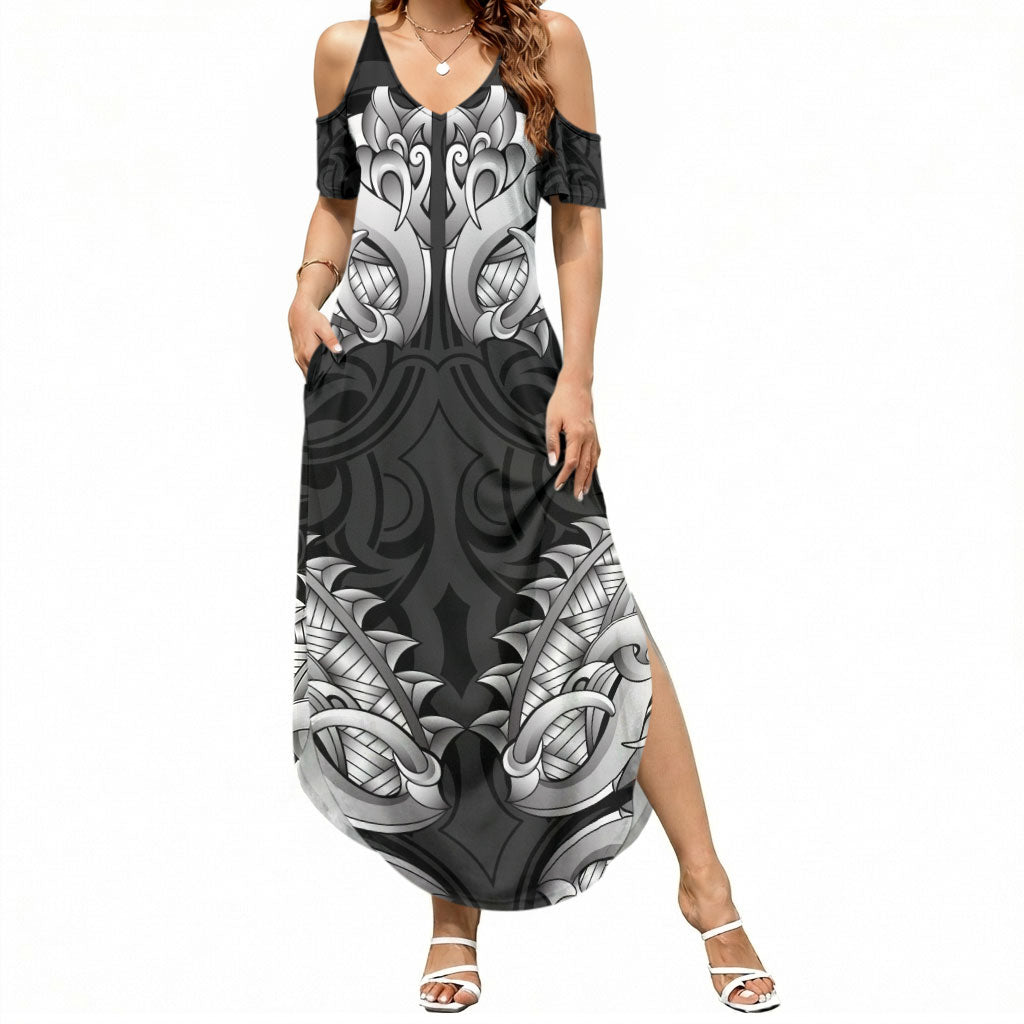 New Zealand Ta Moko Summer Maxi Dress Aotearoa Maori Chest Tattoo Black LT14 Women Black - Polynesian Pride