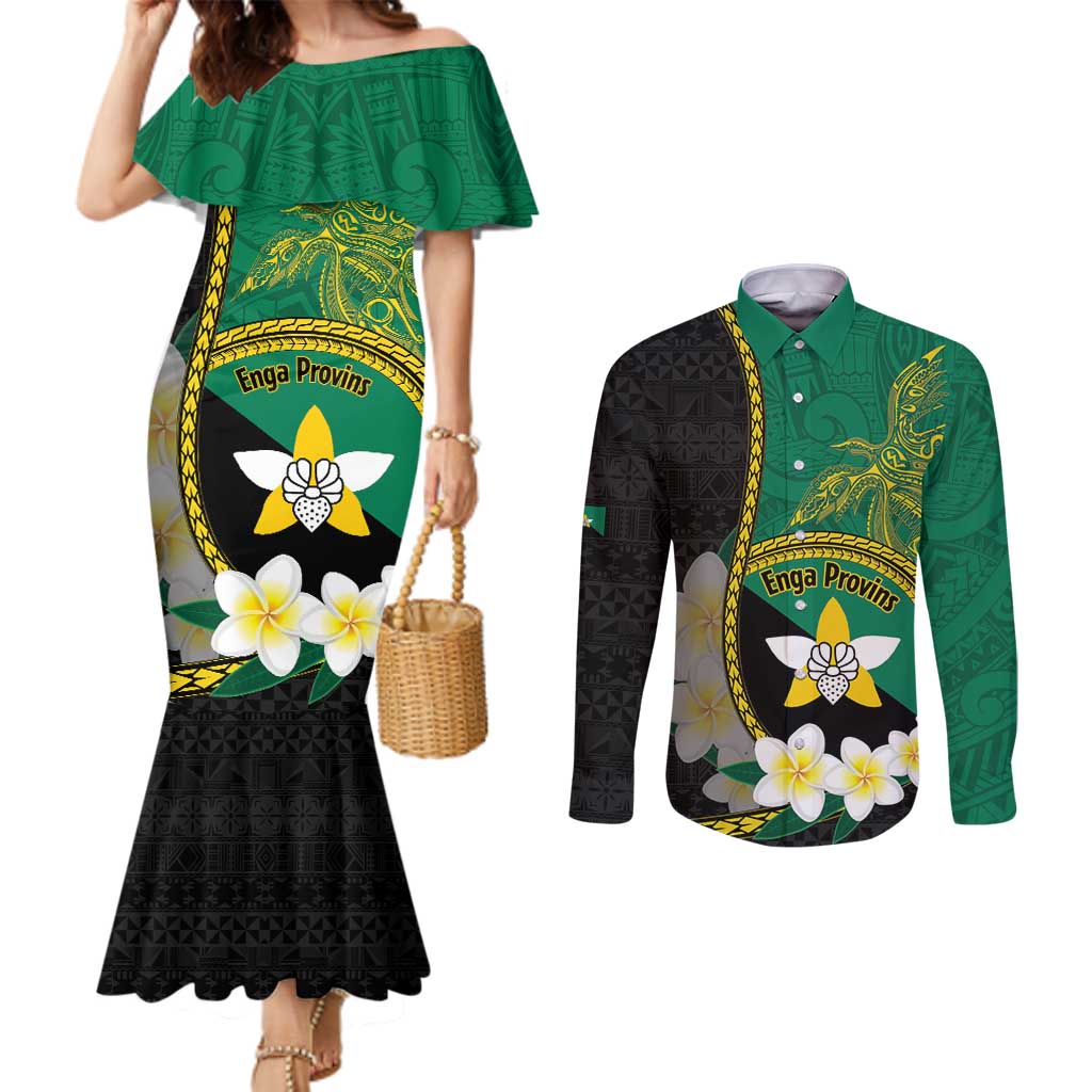 Personalised PNG Enga Provins Couples Matching Mermaid Dress and Long Sleeve Button Shirt Papua New Guinea Plumeria Melanesian Pattern LT14 Black - Polynesian Pride