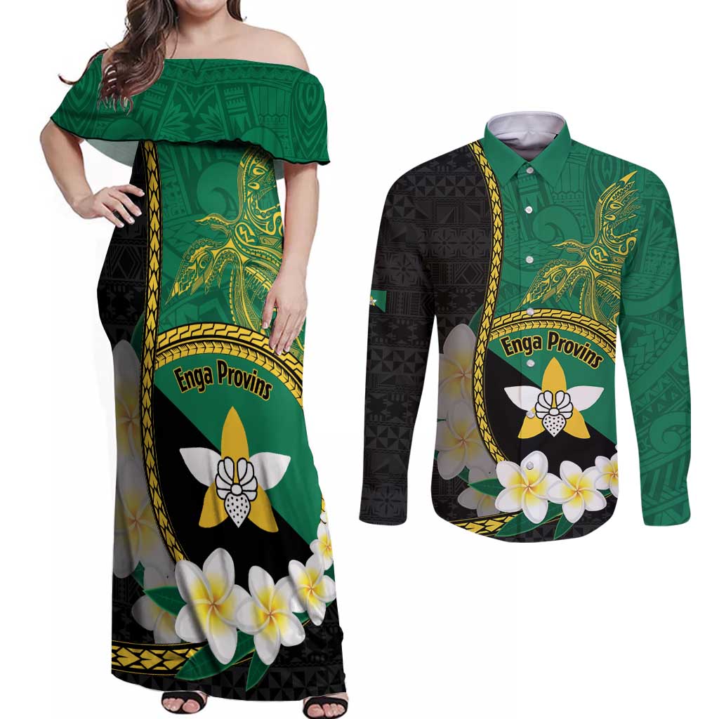 Personalised PNG Enga Provins Couples Matching Off Shoulder Maxi Dress and Long Sleeve Button Shirt Papua New Guinea Plumeria Melanesian Pattern LT14 Black - Polynesian Pride