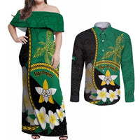 Personalised PNG Enga Provins Couples Matching Off Shoulder Maxi Dress and Long Sleeve Button Shirt Papua New Guinea Plumeria Melanesian Pattern LT14 Black - Polynesian Pride